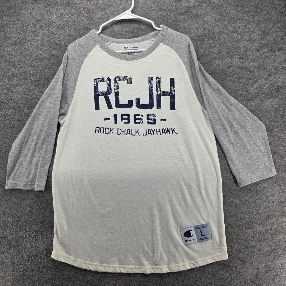Kansas Jayhawks Shirt Mens L White NCAA Basketball Raglan Long Sleeve Champion